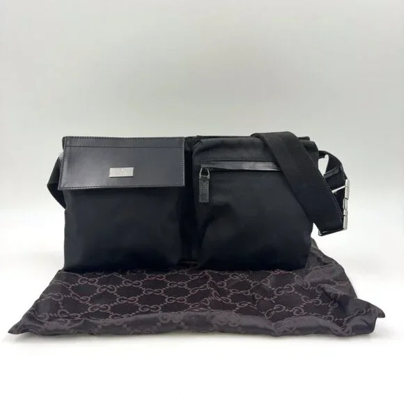 Gucci GG Pattern Canvas Leather Black Belt Bag Waist Pouch Silver - Picture 12 of 12